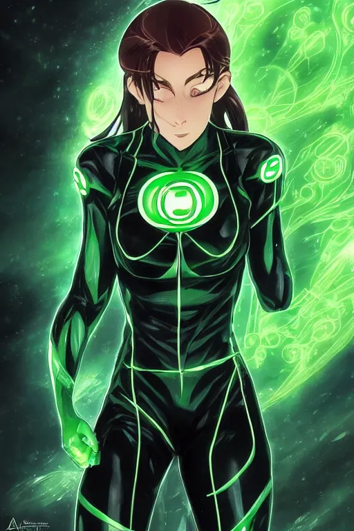 Image similar to anime key visual of a beautiful young female green lantern!! intricate, green and black suit, glowing, powers, dc comics, cinematic, stunning, highly detailed, digital painting, artstation, smooth, hard focus, illustration, art by artgerm and greg rutkowski and alphonse mucha