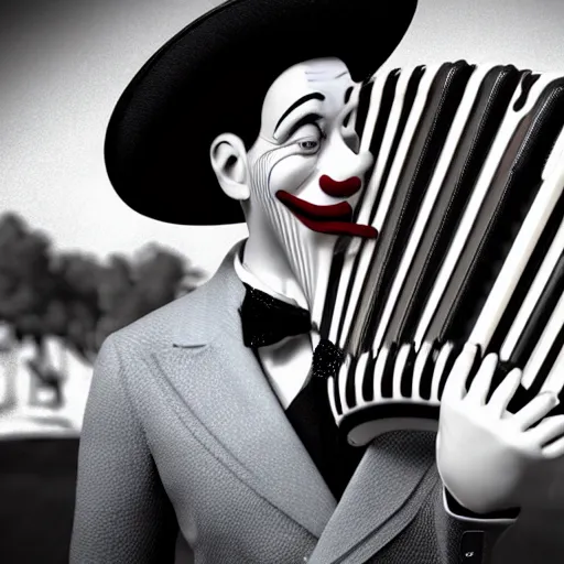 Prompt: Unreal Engine render of a peculiar man with a long curvy accordion-neck, clown face, steampunk, 4K character design