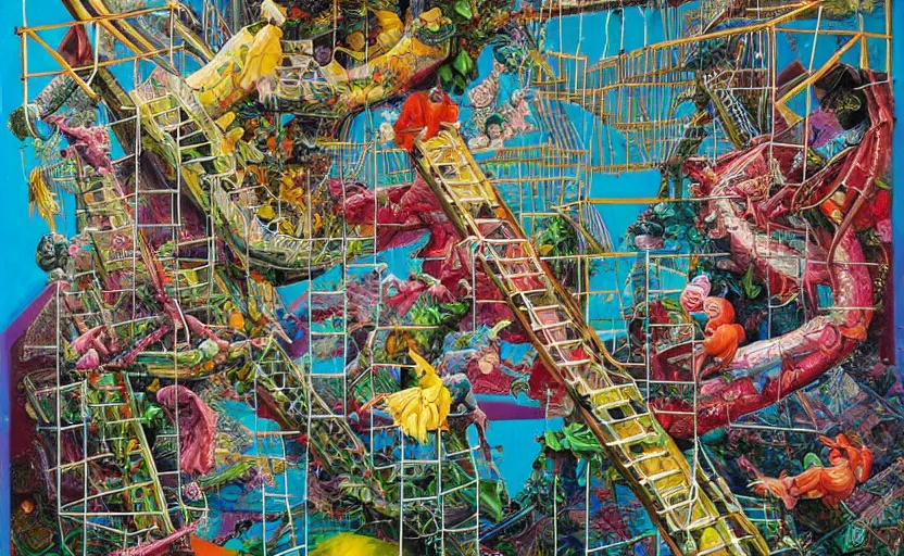 Image similar to chutes and ladders. detailed abstract painting by bordalo ii, by mc escher, by raqib shaw, japanese popsurrealism,