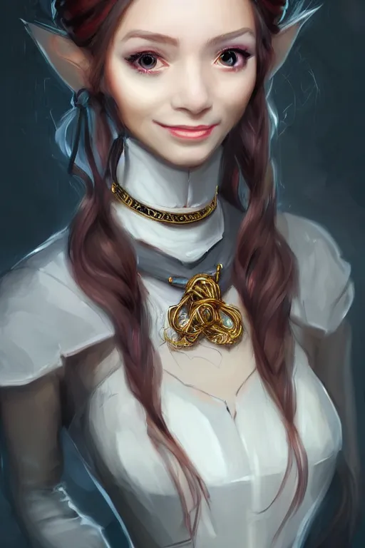 Image similar to portrait of a gorgeous young female artificer, looking at camera, D&D, choker on neck, stylish dress, mouth slightly open, cute slightly nerdy smile, very long flowing hair, intricate, elegant, stylish, fantasy, extremely detailed, digital painting, artstation, concept art, smooth, sharp focus, illustration, stunning lighting, art by artgerm and greg rutkowski and alphonse mucha and simon stalenhag