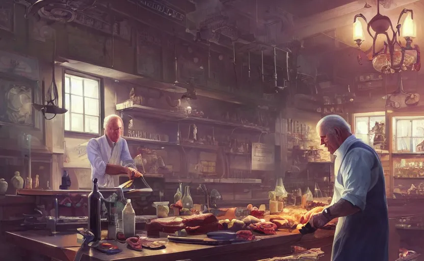 Image similar to highly detailed image of joe biden as a butcher with a cleaver, in gta v, stephen bliss, unreal engine, fantasy art by greg rutkowski, loish, rhads, ferdinand knab, makoto shinkai and lois van baarle, ilya kuvshinov, rossdraws, tom bagshaw, global illumination, radiant light, detailed and intricate environment