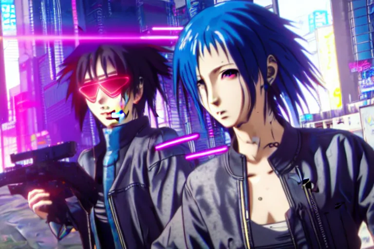 Image similar to anime cyberpunk 2077 anime series screenshot, perfect faces, fine details