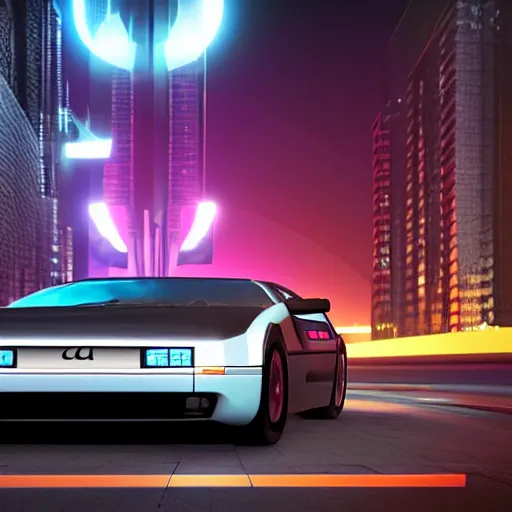 Image similar to deep perspective, the background is a cyber city sharp photorealistic octane render, bokeh in the background, a futuristic curvy neon delorean hover in the foreground,