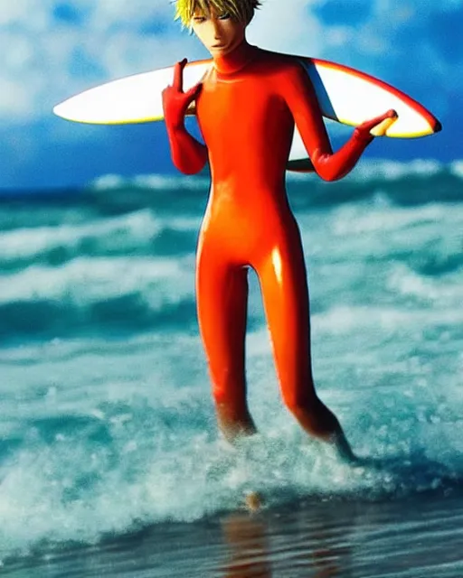 Prompt: dreamy tiktok iPhone photo of beautiful Nagisa Kaworu from evangelion having fun as a surfer in Florida, 35mm, cinematic, trending on Instagram, Asuka as a surfer model, 8k, 4k