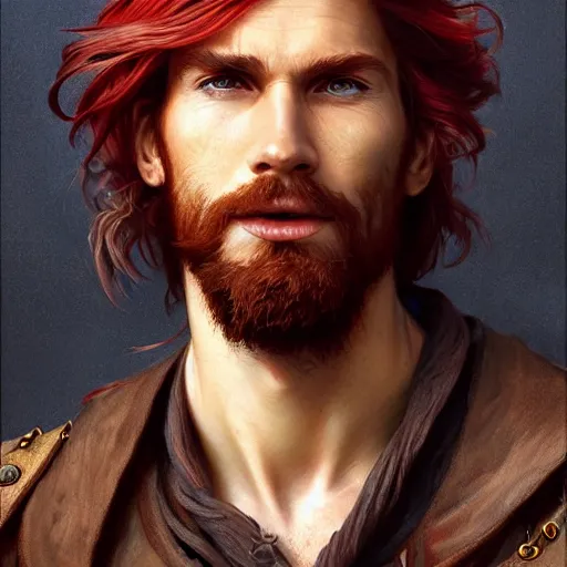 Image similar to portrait of a young ruggedly handsome but joyful pirate, male, masculine, upper body, red hair, long hair, d & d, fantasy, piercing gaze, sharp features, intricate, elegant, highly detailed, digital painting, artstation, concept art, matte, sharp focus, illustration, art by artgerm and greg rutkowski and alphonse mucha