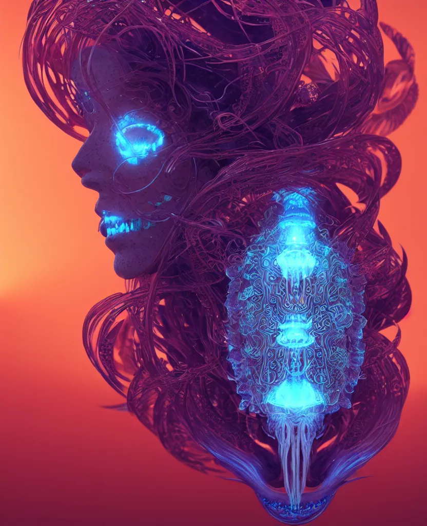 Image similar to goddess close-up face portrait. chimera orchid jellyfish phoenix head, nautilus, skull, betta fish, bioluminiscent creatures, intricate artwork by Tooth Wu and wlop and beeple. octane render, trending on artstation, greg rutkowski very coherent symmetrical artwork. cinematic, hyper realism, high detail, octane render, 8k