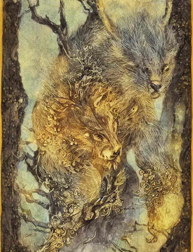 Image similar to animal deity of first frost. this ink wash and goldleaf work by the beloved children's book illustrator has interesting color contrasts, plenty of details and impeccable lighting.