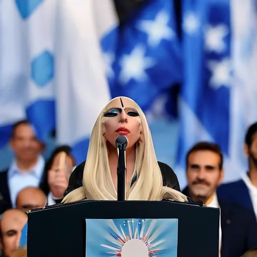 Image similar to Lady Gaga as president, Argentina presidential rally, Argentine flags behind, bokeh, giving a speech, detailed face, Argentina