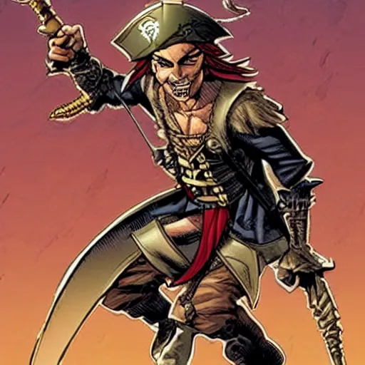 Image similar to a pirate elf holding a saber made of gold by Humberto Ramos and Mark Robinson