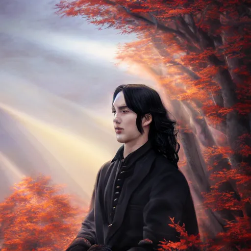 Image similar to a portrait of a young handsome prince, long black hair, golden eyes, elegant, intricate, backlit, incredible lighting, strong rim light, subsurface scattering, epic beautiful landscape, cherry trees, highly detailed, god rays, digital painting, by Heise Jinyao, Heise-Lian Yan Fang, Feimo, Rossdraws, HDRI, vivid colors, high contrast, 8k resolution, photorealistic