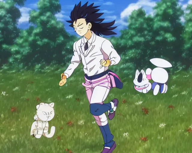 Image similar to Deidoro sakaki from mha wearing preppy fashion style and a crown in a beautiful dewy meadow near a forest early in the morning, running away from a giant cute plushie cat, mid 20th century disney style