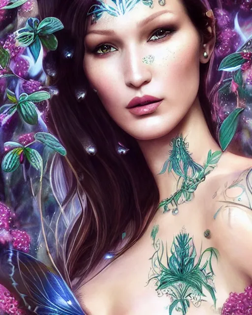 Prompt: bella hadid as a beautiful tattooed female maid wearing a magical bikini in a magical forest, highly detailed and realistic face, rain drops on face, beautiful detailed eyes with a piercing gaze, fantasy art, in the style of artgerm, illustration, epic, fantasy, intricate, hyper detailed, artstation, concept art, smooth, sharp focus, ray tracing, vibrant, photorealistic