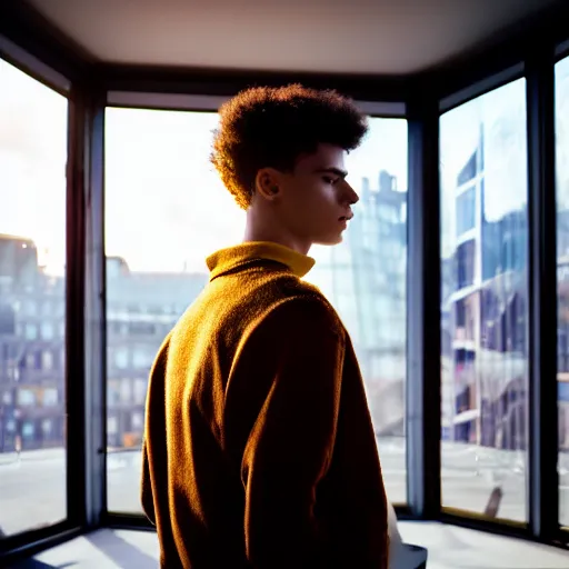 Prompt: un ultra high definition studio quality photograph of a young man standing in a unique london studio environment wearing all eclectic clothes whilst watching the sun rising through a large window. wide angle. three point light. extremely detailed. golden hour, golden ratio, ray tracing, volumetric light, shallow depth of field.