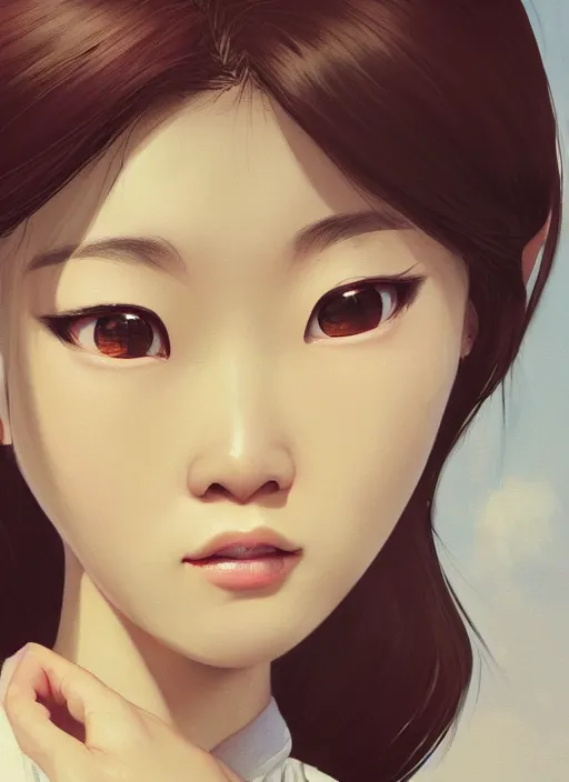 Prompt: a painting of cute Asian woman frowning, in the style of DreamWorks animation, low angle view, 16mm lens, award winning, mid-shot, hyper detailed, dramatic lighting, artstation, octane renderer, unreal engine