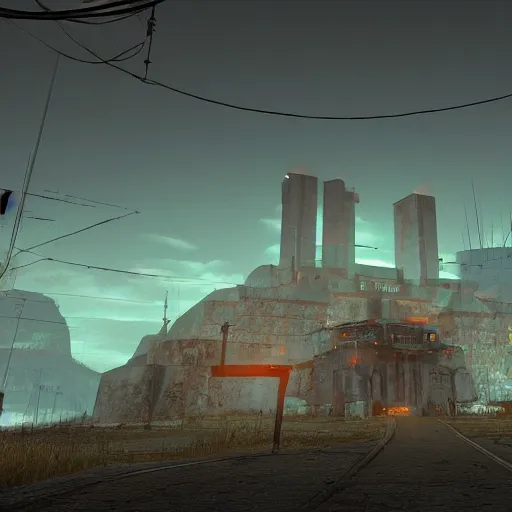 Image similar to the citadel from half - life by simon stalenhag, 4 k, hdr, tonemapping, goldsrc, half - life engine, black mesa, wad file, detailed, atmospheric, majestical lighting