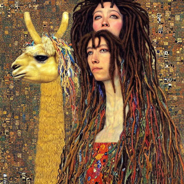 Prompt: llama with dreadlocks, by gustav klimt, by mandy jurgens, ernst haeckel, james jean