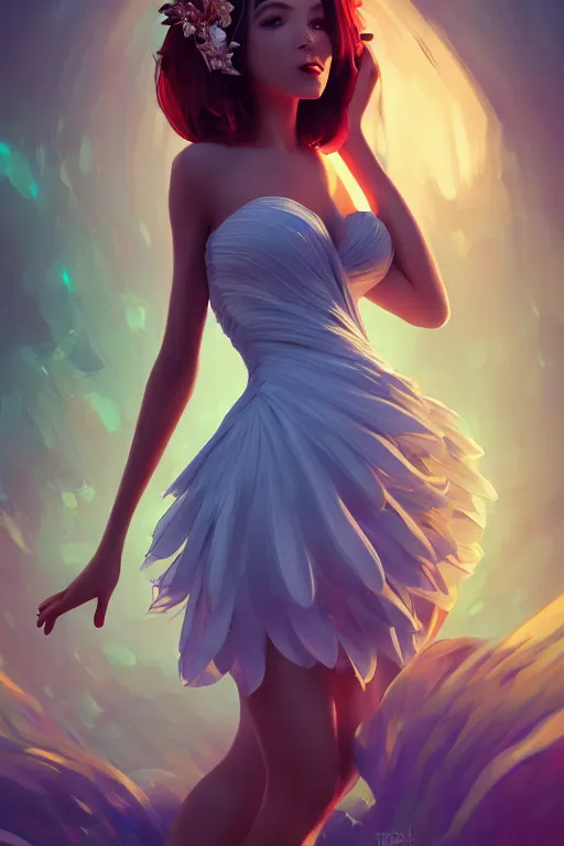 Image similar to a beautiful fashion goddness of love, chic strapless dress, tropical sea background, character design, in the style of artgerm, and wlop, cinematic lighting, hyperdetailed, 8 k realistic, symmetrical, global illumination, radiant light, frostbite 3 engine, cryengine, dof, trending on artstation, digital art