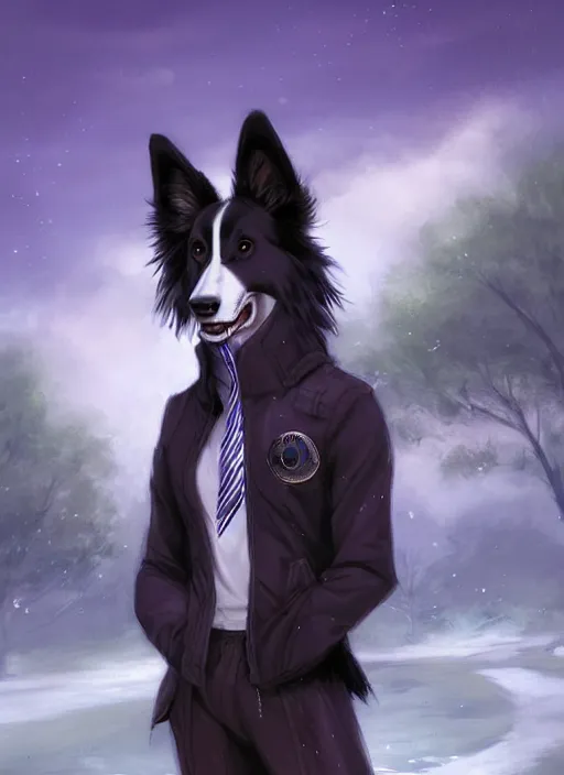 Prompt: full body digital painting of a cute male anthropomorphic border collie fursona wearing a jacket in front of a park, by charlie bowater, henry asencio, and ross tran, furaffinity, scenic background, intricate, elegant, beautiful, fantasy, highly detailed, trending on artstation