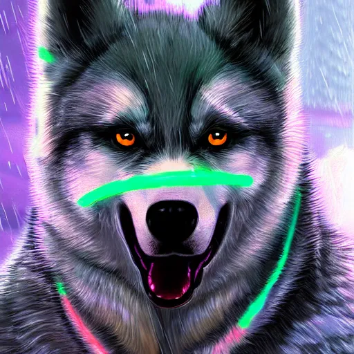 Image similar to aesthetic portrait commission of a furry anthro husky with epic neon rimmed outfit, short depth of field close up shot hyper-detailed, cinematic intense Atmosphere with heavy rain drenching husky. Character design by charlie bowater, ross tran, artgerm, and makoto shinkai, detailed, inked, western comic book art, 2021 award winning painting