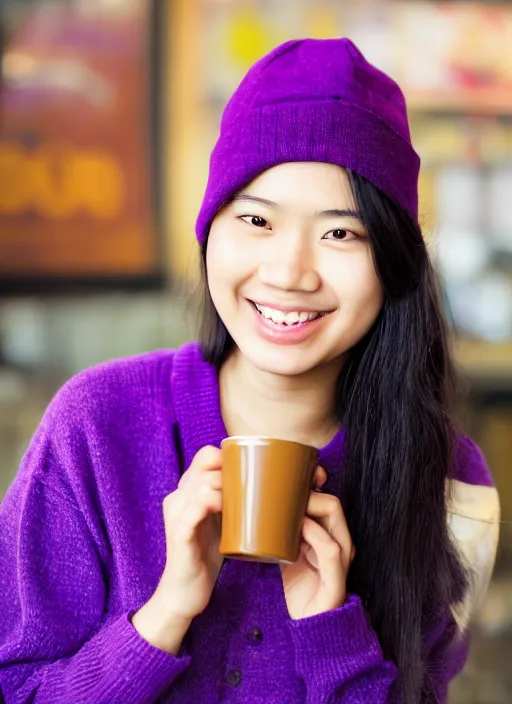 Prompt: young adult asian woman in a coffee shop wearing a beanie and a purple cyberpunk sweater smiling, natural light, magazine photo, 5 0 mm