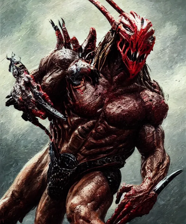 Image similar to an action shot of the predator by chris ayers, oil on canvas, deep depth field, masterpiece, by ken barthelmey and stan winston, trending on artstation, featured on pixiv, cinematic composition, hyper - detailed, hd, hdr, 4 k, 8 k