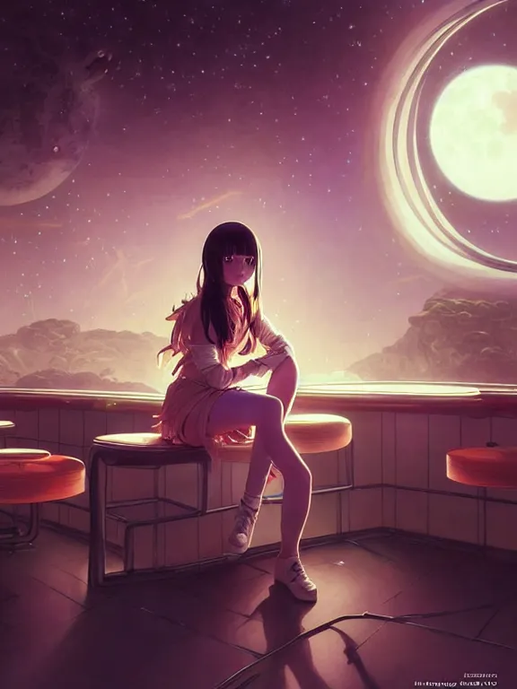 Image similar to full body picture of a space girl sitting in the moon cafe, bored, coveted, beautiful and aesthetic, intricate, unreal engine, messy hair, highly detailed, detailed face, smooth, sharp focus, chiaroscuro, manga illustration, artgerm, greg rutkowski, ilya kuvshinov, rossdraws, alphonse mucha, young adult light novel cover art