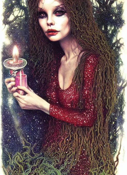 Image similar to seventies slim young horror actress, sequin top, candlelit forest, strong line, deep color, beautiful! coherent! by brom, by brian froud