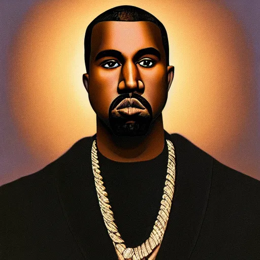 Prompt: very detailed portrait of kanye west backlit by a bright sky behind him, with very soft shading. painted by rene magritte, 1 9 2 7. oil on canvas.