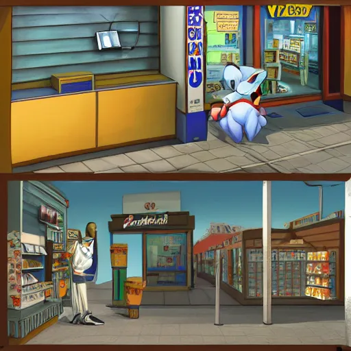 Prompt: Security camera footage of bootleg Sonic robbing a convenience store, painting by Grant Wood, 3D rendering by Beeple, sketch by R. Crumb