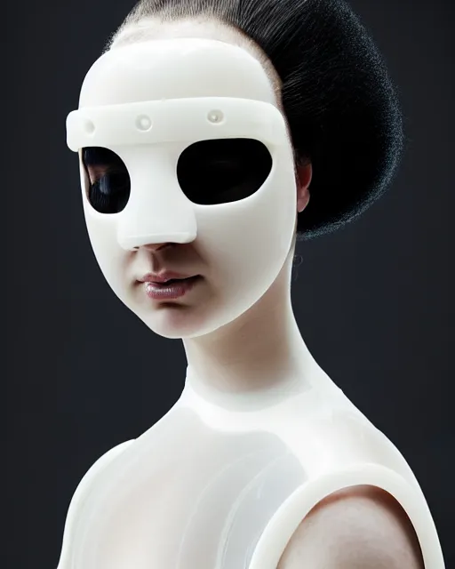 Image similar to portrait of a woman wearing a white embroidered translucent silicone mask and white frizzy hair buns, wearing a black bodysuit by alexander mcqueen, cream white background, soft diffused light, biotechnology, humanoide robot, bjork aesthetic, translucent, by rineke dijkstra, intricate details, highly detailed, masterpiece,