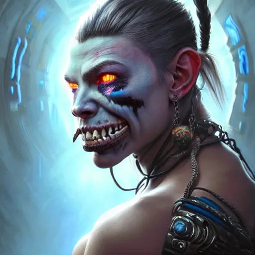 Image similar to portrait painting of a cyberpunk orc shaman extremely muscular ugly scarlett johansson with misshapen teeth, ultra realistic, concept art, intricate details, eerie, highly detailed, photorealistic, octane render, 8 k, unreal engine. art by artgerm and greg rutkowski and charlie bowater and magali villeneuve and alphonse mucha