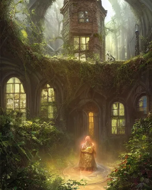 Prompt: detailed portrait of portly monk house as a mage, magical, bright spells, fantasy, ruins, overgrown plants, atmosphere, 8 k high definition, insanely detailed, intricate, by charlie bowater, johan grenier