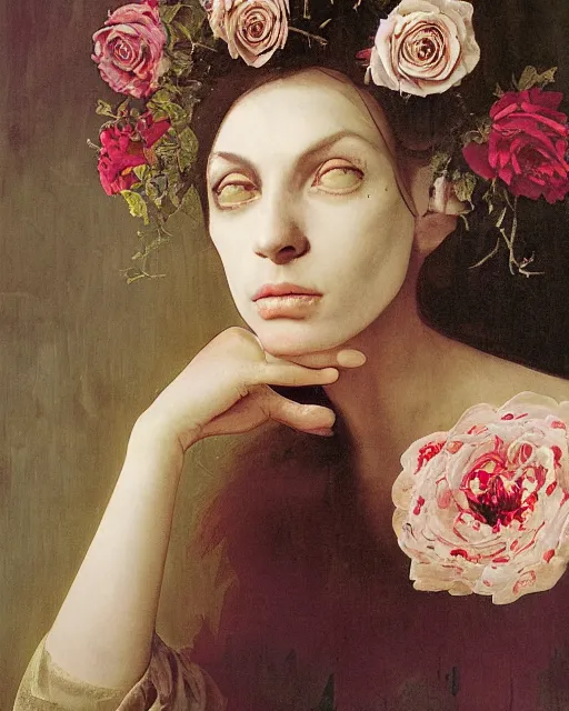 Image similar to a beautiful and eerie baroque painting of a beautiful but serious woman in layers of fear, with haunted eyes and dark hair piled on her head, 1 9 7 0 s, seventies, floral wallpaper, wilted flowers, a little blood, morning light showing injuries, delicate embellishments, painterly, offset printing technique, by brom, robert henri, walter popp