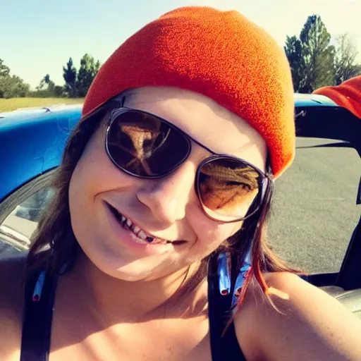 Image similar to girl lounging in a convertible car wearing an orange beanie and a sleeveless shirt, selfie, faint smile