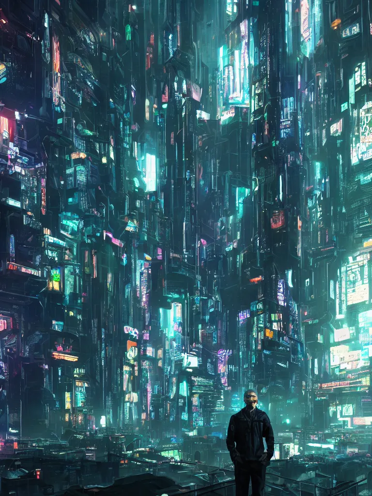 prompthunt: portrait of a man, standing in a hall of cyberpunk megacomplex;  hyperrealistic, 4K wallpaper, cinematic lighting, highly detailed and  beautiful