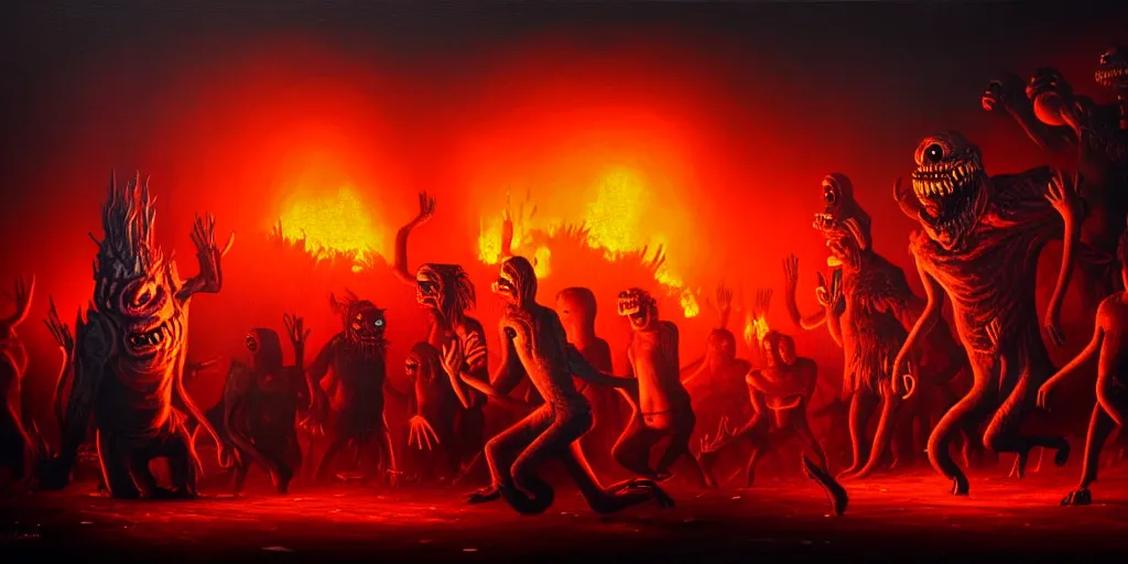 Prompt: repressed emotion creatures and monsters riot in a fiery wasteland, dramatic lighting glow from giant fire, attempting to escape to the surface and start a revolution, in a dark surreal painting by ronny khalil