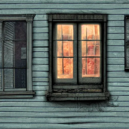 Prompt: the man in the window won’t stop staring, large eyes, wide grin, digital art, horror frightening