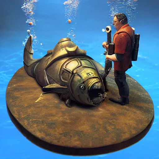 Prompt: big daddy from bioshock underwater realistic detailed diorama,