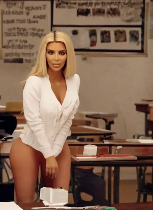Image similar to film still of kim kardashian as a hot blonde teacher, leaning over a table, cinematic lighting,