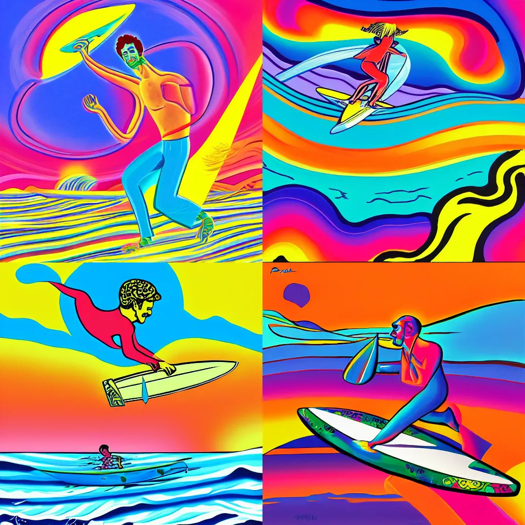 Prompt: a painting of a man riding a wave on a surfboard, an album cover by peter max, behance contest winner, psychedelic art, seapunk, chillwave, outrun