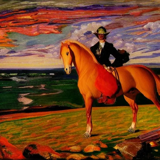 Image similar to a horse made out of emeralds with fiery eyes standing on a cliff in a turbulent hellscape!!! at sunset, retrowave!, by alfred munnings!! and h.r. giger, oil on canvas, 8k hd