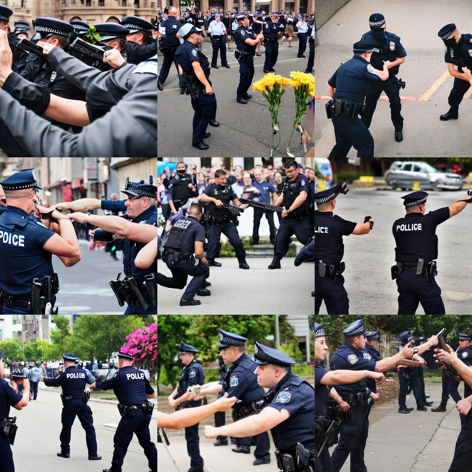 Prompt: police officers aiming their guns at someone but they have flowers in their hands