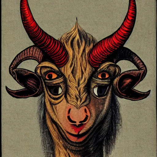 Image similar to goat - headed devil, looking at the camera, holding a human head, whose eyes are still wide. symmetrical anatomy, very detailed design, complexity of the picture, with pop punk style, colorful, accompanied by body, pure image without duplication, trending dribble, drawn by vinicius gud and gustavo zambelli