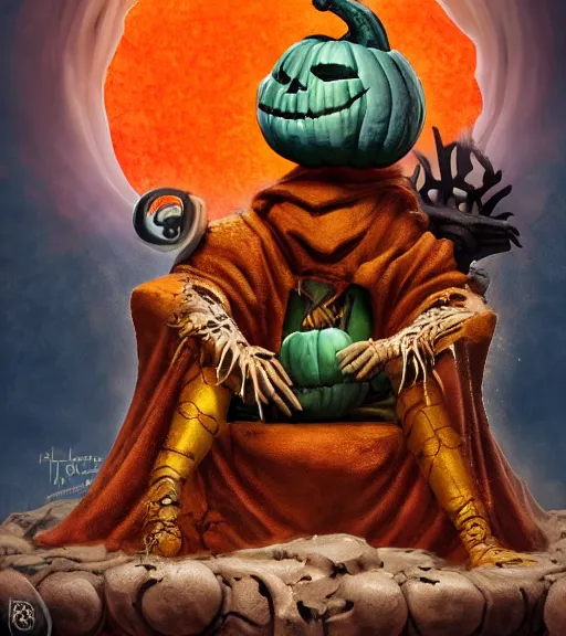 Image similar to a creative monster with a pumpkin head wearing a king's robe, sitting on a stone throne, john loren and tim burton illustration, creepy carved expression, darksiders theme, orange mystery lighting, 4 k artstation, masterpiece