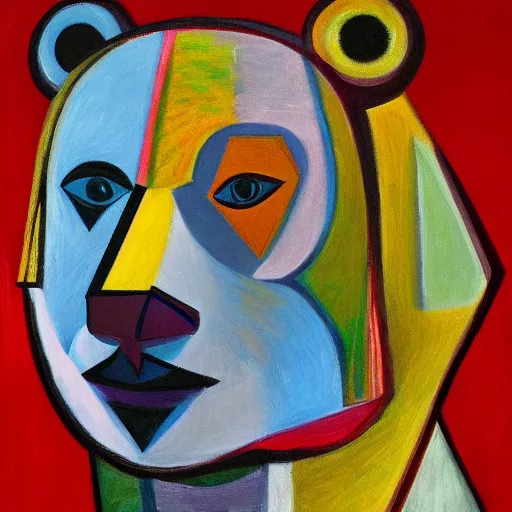 Prompt: Intricate five star Bear facial portrait by Pablo Picasso, oil on canvas, high detail, matte finish, high contrast, 3d depth, masterpiece, vivid colors, artstationhd