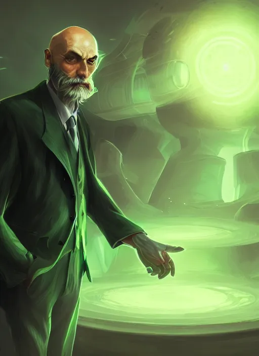 Image similar to a highly detailed illustration of bald old man wearing suit with green glowing eyes, dramatic standing pose, nuclear background, intricate, elegant, highly detailed, centered, digital painting, artstation, concept art, smooth, sharp focus, league of legends concept art, wlop.