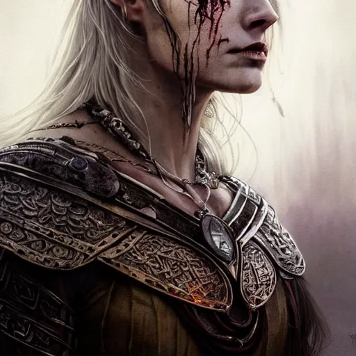 Image similar to Official photo of an attractive majestic fierce viking woman, leader, ethereal, fear, scarred, highly detailed, viking attire, cinematic, 16k, 1080s, by Stanley Artgermm, Tom Bagshaw, Greg Rutkowski, Vincent di Fate, Carne Griffiths, Ayami Kojima, WLOP, trending on DeviantArt, hyper detailed, full of color, digital art,