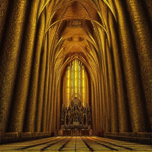 Image similar to a golden cathedral in the middle of a rain forrest, moss, moist, symmetry, octane, soft render, intricate, blender art, the golden ratio, mysticism, cinematic, concept art