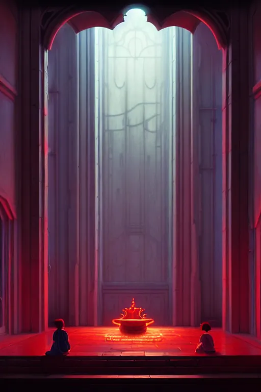 Prompt: a highly detailed matte painting of a ghostly audience in a gothi throne room by studio ghibli, makoto shinkai, by artgerm, by wlop, by greg rutkowski, red tones, volumetric lighting, octane render, 4 k resolution, trending on artstation, masterpiece