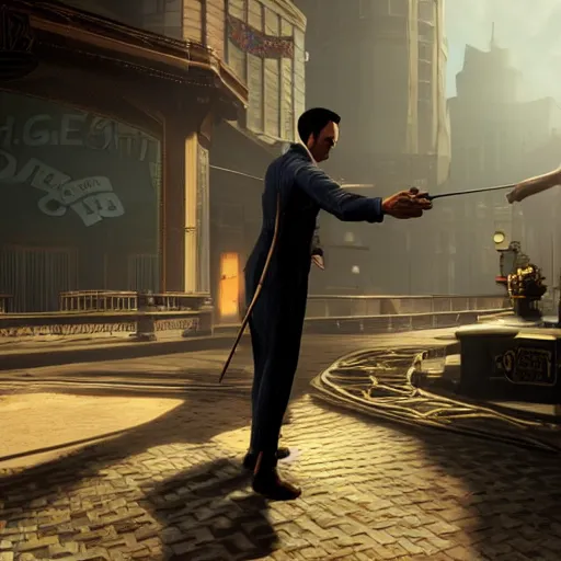 Image similar to screenshot from bioshock infinite, keanu reeves